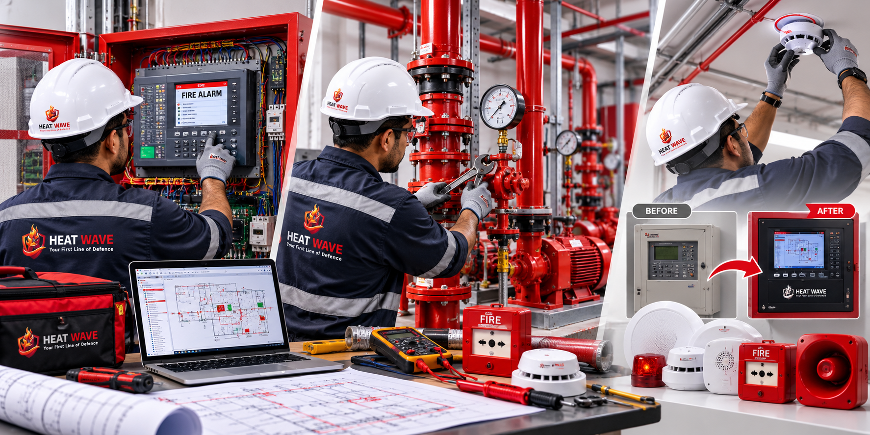 Technicians upgrading and troubleshooting fire protection systems